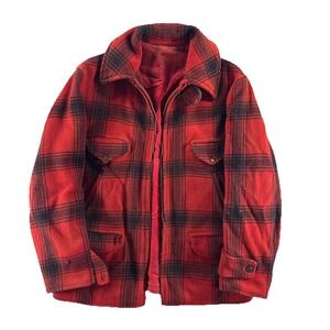 Vintage 40s/50s Jacket Men's Large Red Plaid Hunting Leather Wool Distressed*